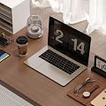 Silver Laptop on Wooden Office Desk with Coffee Cup Calendar Eyeglasses and Mobile Phone