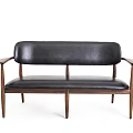 Modern Two Seater Sofa With Black Leather Upholstery Wooden Armrests And Legs