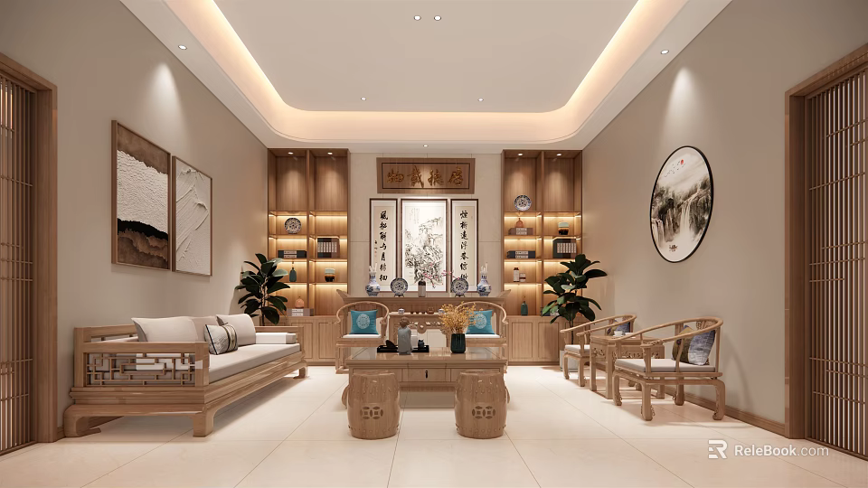Chinese Style Living Room With Wooden Furniture Sofa Coffee Table Calligraphy Scroll And Decorative Paintings 3d model 