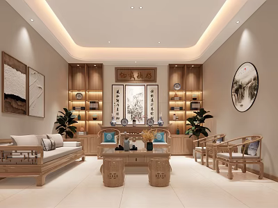 Chinese Style Living Room With Wooden Furniture Sofa Coffee Table Calligraphy Scroll And Decorative Paintings 3d model