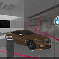 Car Dealership Showroom With Blue Gold Silver Cars Glass Display And Modern Lighting