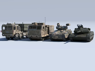 Tracked Military Tanks and Armored Trucks in Military Vehicle Lineup 3d model