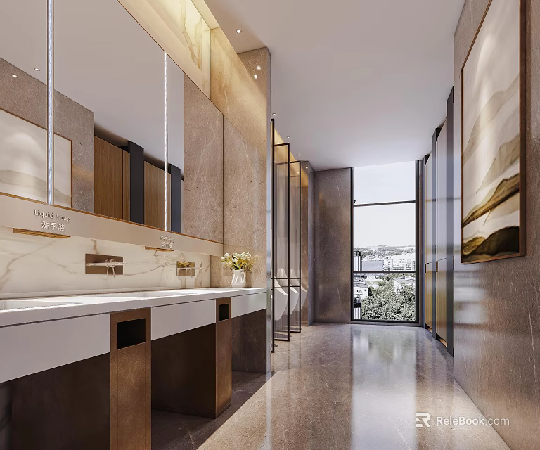 Modern Public Restroom Interior Design With Marble Washbasins Large Mirrors And Private Stalls 3d model 