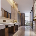 Modern Public Restroom Interior Design With Marble Washbasins Large Mirrors And Private Stalls