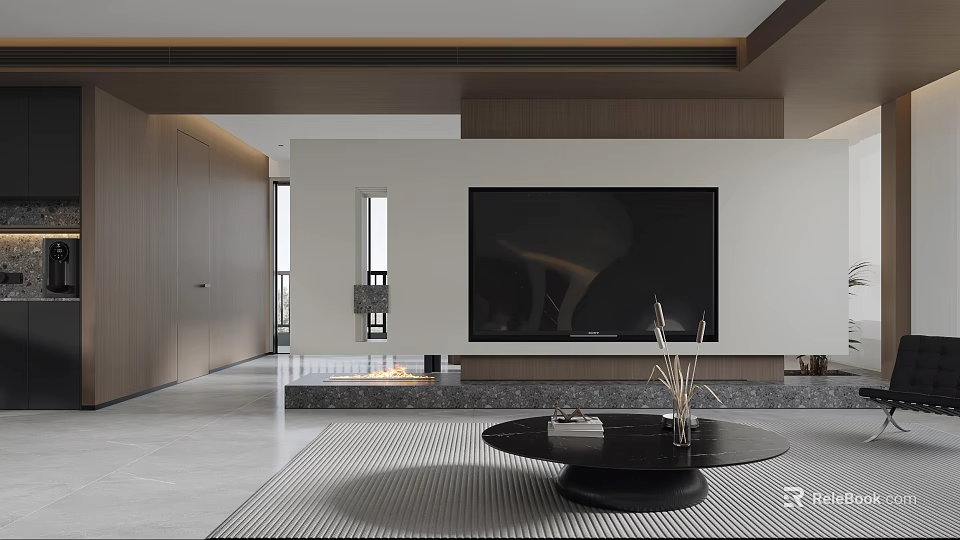 Modern Living Dining Room Interior With TV Wall Coffee Table Striped Rug And Wooden Elements 3d model 