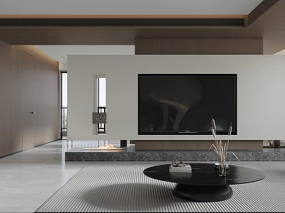 Modern Living Dining Room Interior With TV Wall Coffee Table Striped Rug And Wooden Elements 3d model