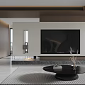 Modern Living Dining Room Interior With TV Wall Coffee Table Striped Rug And Wooden Elements