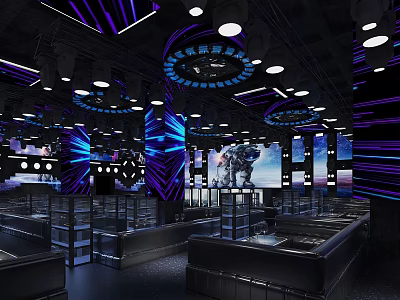 Modern Bar Interior With Purple Blue Lighting Circular Ceiling Lights Screens And Booths 3d model
