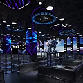 Modern Bar Interior With Purple Blue Lighting Circular Ceiling Lights Screens And Booths