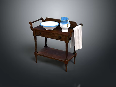 Wooden Bathroom Vanity Table With White Bowl Blue Jug And Hanging Towel 3d model
