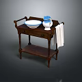 Wooden Bathroom Vanity Table With White Bowl Blue Jug And Hanging Towel