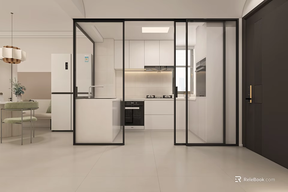 Modern Kitchen Interior With Glass Sliding Doors White Cabinets And Appliances 3d model 