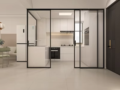 Modern Kitchen Interior With Glass Sliding Doors White Cabinets And Appliances 3d model
