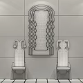 Wavy Framed Mirror with Checkerboard Pattern Between Two Black Chairs in Gray Tiled Room