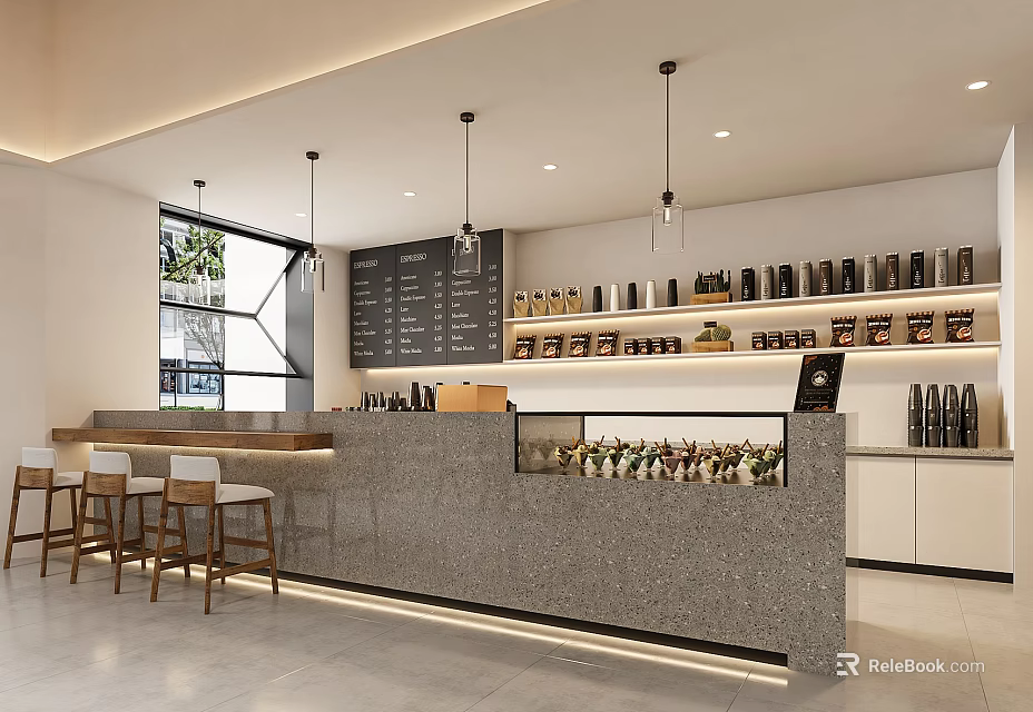 Modern Café Interior With Open Bar Counter Hanging Lights And Coffee Beans 3d model 