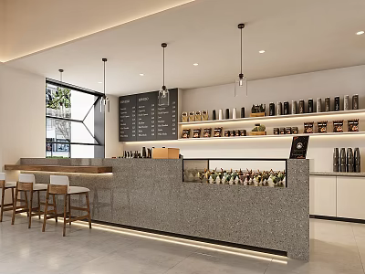 Modern Café Interior With Open Bar Counter Hanging Lights And Coffee Beans 3d model