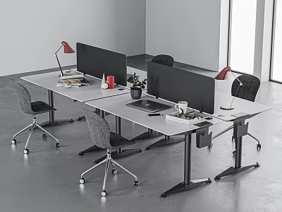 Modern Office Desks With Red Lamps Laptop Potted Plants And Wheeled Chairs 3d model