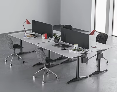 Modern Office Desks With Red Lamps Laptop Potted Plants And Wheeled Chairs 3d model