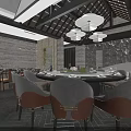 Traditional Chinese Private Dining Room Interior With Round Dining Table Tableware And Pendant Lights