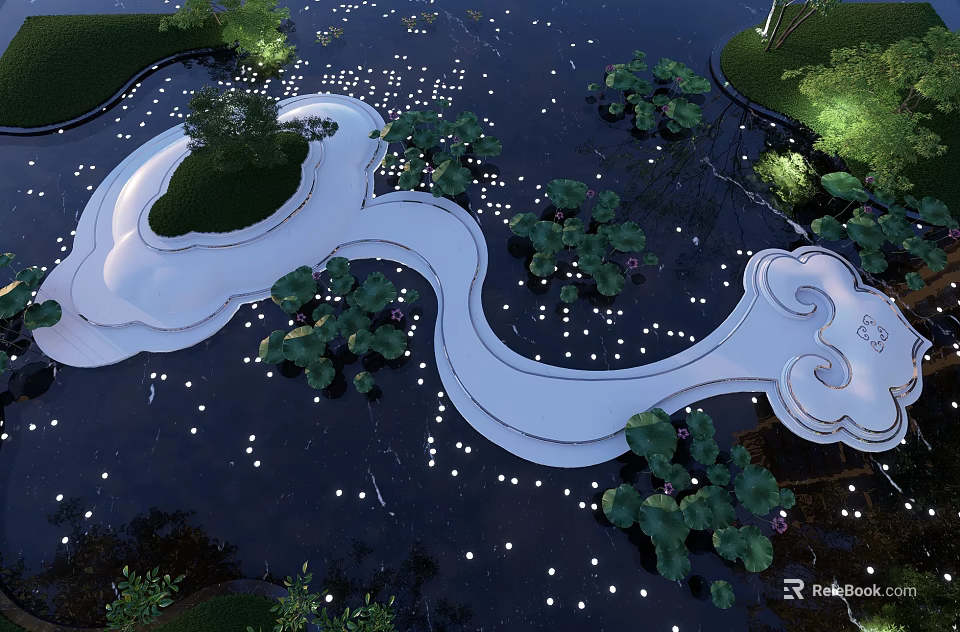 Garden Landscape Design With Curved White Pathway Lotus Plants And Illuminated Water Feature 3d model 