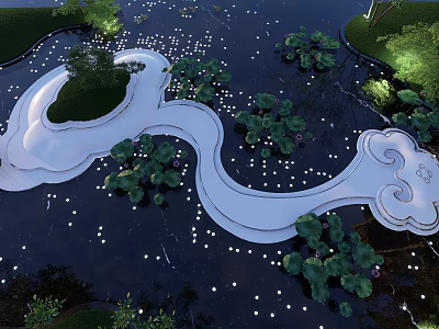 Garden Landscape Design With Curved White Pathway Lotus Plants And Illuminated Water Feature 3d model