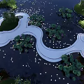 Garden Landscape Design With Curved White Pathway Lotus Plants And Illuminated Water Feature