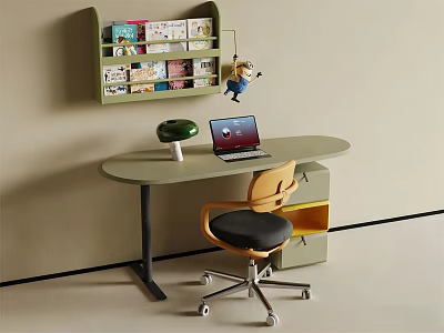 Modern Desk Setup With Wall Mounted Shelf Colorful Books Green Lamp Laptop And Rolling Chair 3d model