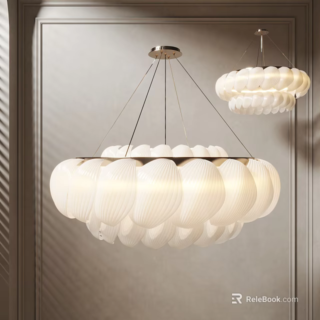Modern White Chandelier With Petal Shaped Shades And Metal Hanging Wires 3d model 