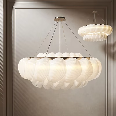 Modern White Chandelier With Petal Shaped Shades And Metal Hanging Wires 3d model