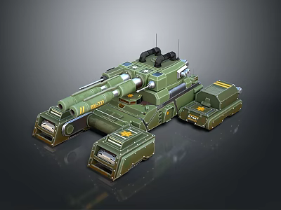 Green Armored Military Vehicle With Cannon Antenna Tracked Chassis And Yellow Markings 3d model