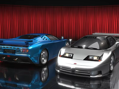 Blue and Silver Luxury Sports Cars Displayed in Showroom with Red Curtain and Shiny Floor 3d model