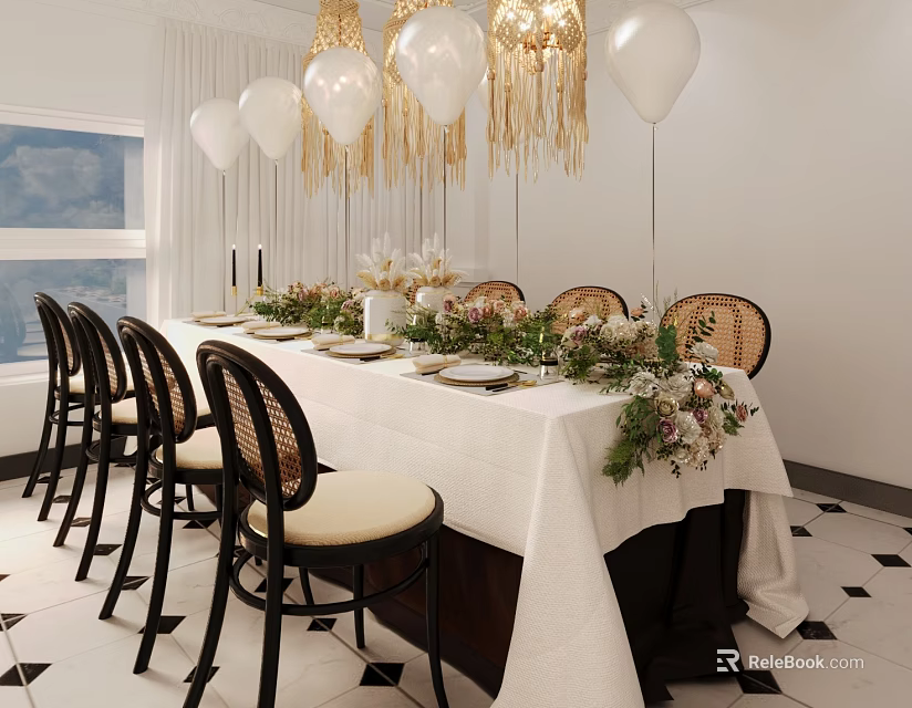 Elegant Dining Table Set With Rattan Chairs White Tablecloth Green Floral Arrangements And Fringed Chandeliers 3d model 