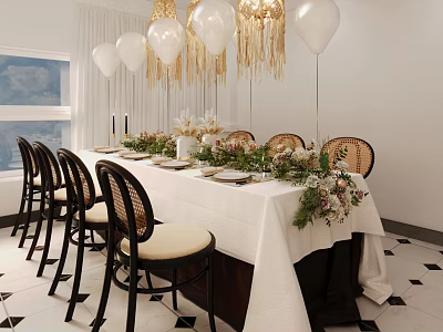 Elegant Dining Table Set With Rattan Chairs White Tablecloth Green Floral Arrangements And Fringed Chandeliers 3d model