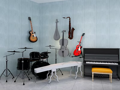 Modern Musical Instruments Piano Guitar Drums Guzheng 3d model