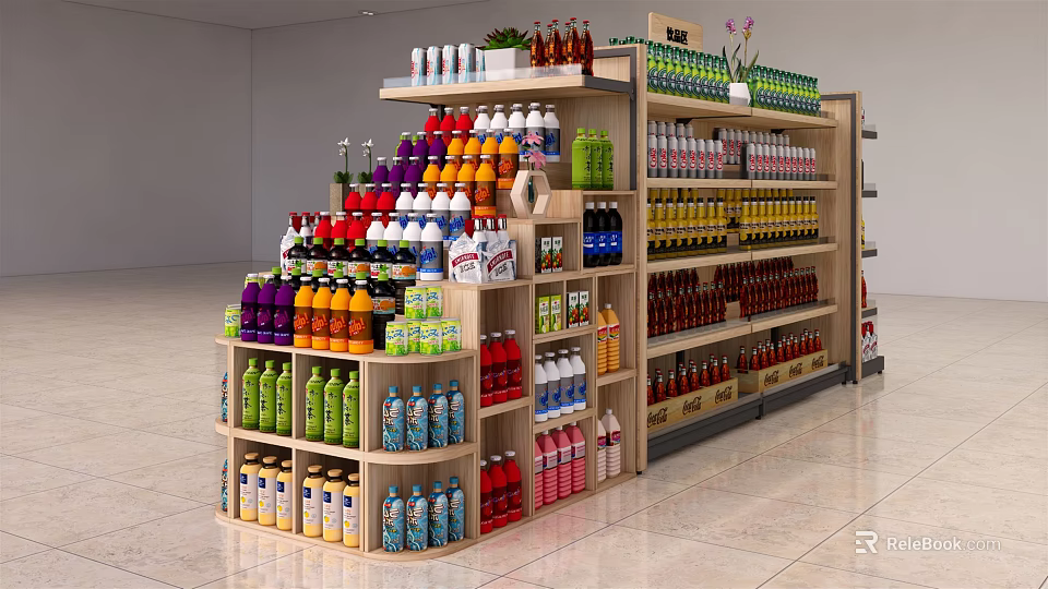 Multi Tiered Wooden Display Shelves With Assorted Beverages And Organized Arrangement 3d model 