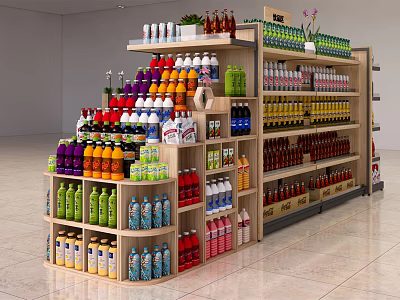 Multi Tiered Wooden Display Shelves With Assorted Beverages And Organized Arrangement 3d model