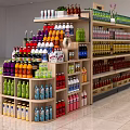 Multi Tiered Wooden Display Shelves With Assorted Beverages And Organized Arrangement
