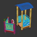 Kids Wooden Playground Equipment with Blue Railings Orange Frames Gray Roof and Colorful Decorations