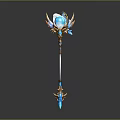 Ornate Magic Staff With Glowing Blue Crystal And Golden Wing Decorations