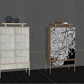 Modern Entryway Console And Side Cabinet Featuring Decorative Ornaments Gold Legs And Patterned Panels