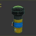 Cylindrical Industrial Structure With Gray Top Black Upper Yellow Blue Bands And Red Tag