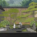 Japanese Style Garden Courtyard With Stone Lantern Pine Trees And Pebble Path