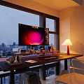 Modern Apartment Interior With City View Large Windows And Black Sofa 3d model