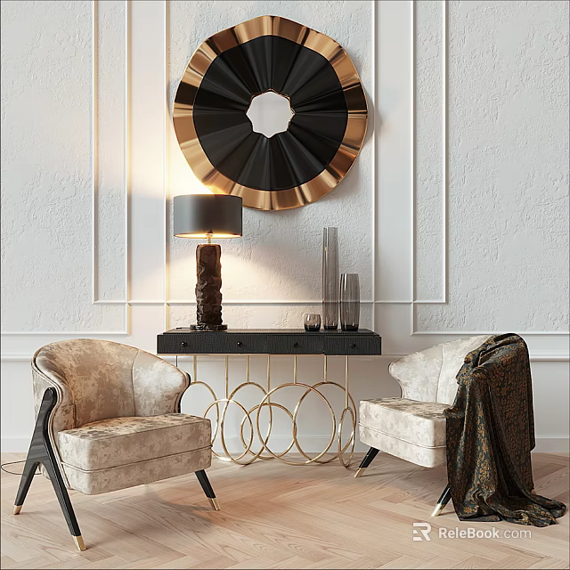 Modern Elegant Casual Sofa Set With Velvet Upholstery And Decorative Wall Mirror 3d model 