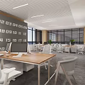 Modern Public Office Space With Long Tables White Chairs Computers And Green Plants