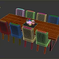 Red Wooden Dining Table With Eight Gray Chairs And Decorative Vases On Tray
