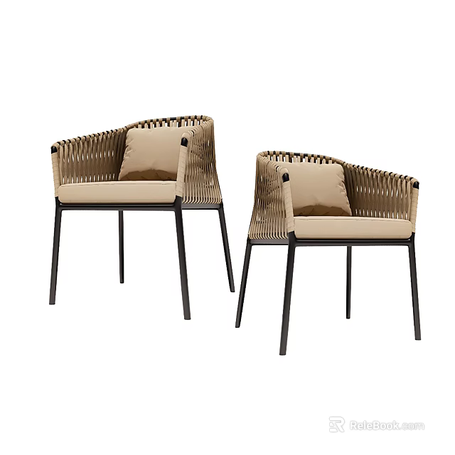 Modern Woven Leisure Chairs With Beige Cushions And Black Metal Legs 3d model 