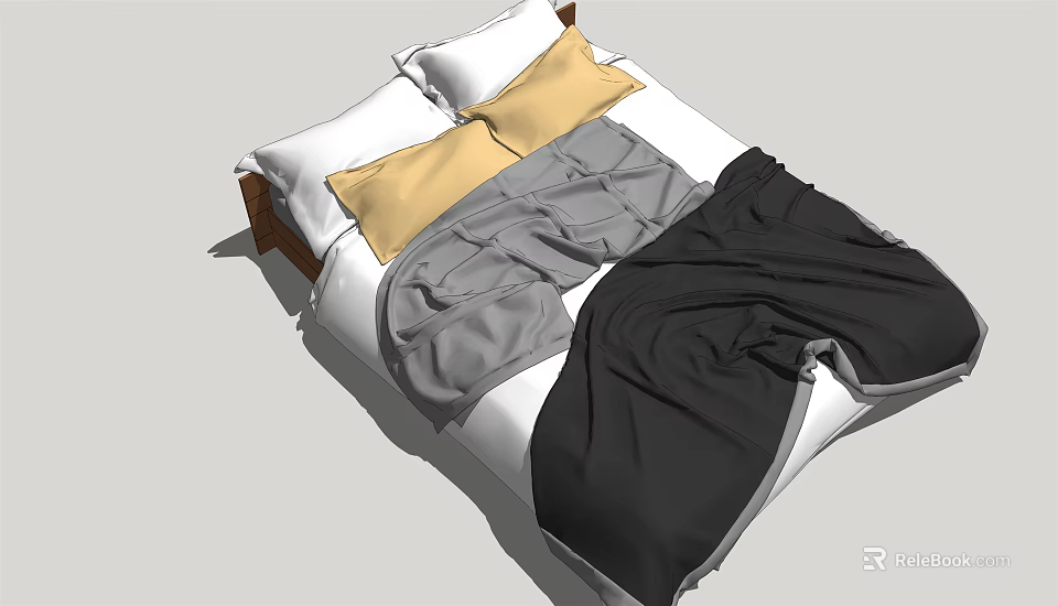 Double Bed With White And Yellow Pillows Gray Black Blankets And Wooden Headboard 3d model 