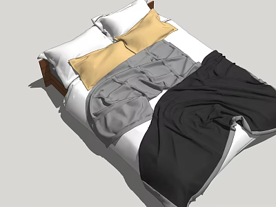 Double Bed With White And Yellow Pillows Gray Black Blankets And Wooden Headboard 3d model