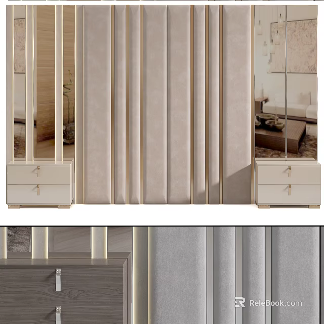 Modern Bedroom Headboard Design With Upholstered Panel Gold Accents And Nightstand 3d model 